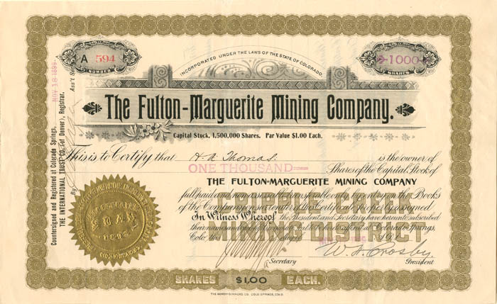 Fulton-Marguerite Mining Co. - Stock Certificate